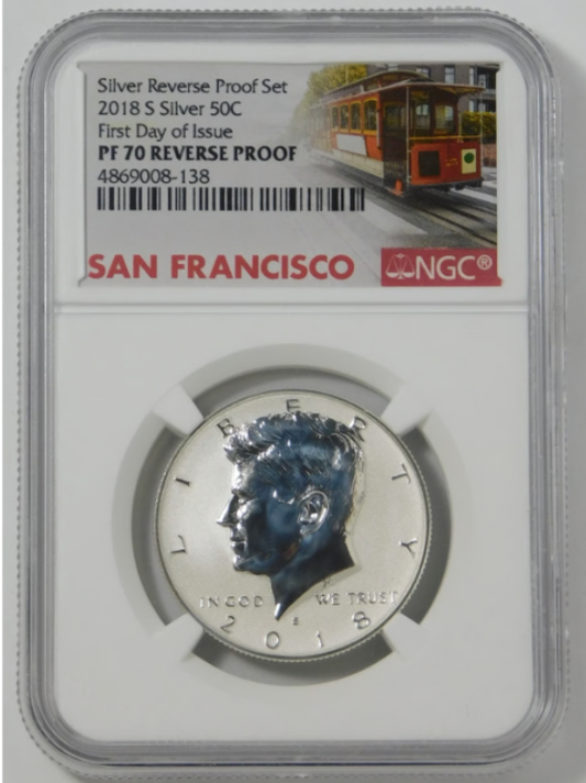 2018-S Kennedy Silver "Reverse Proof" Half Dollar. NGC Proof 70