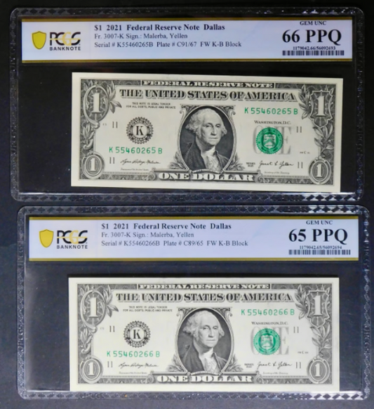2021 Federal Reserve Notes *Sequential Serial No. Run* PCGS 63/64PPQ (3 Notes)