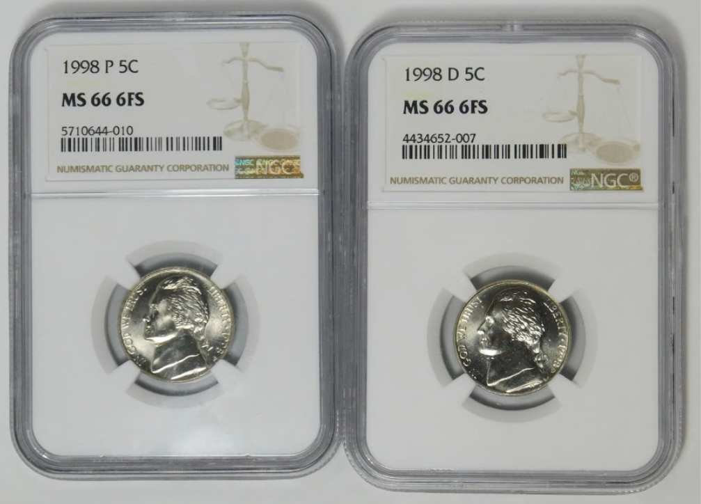 1998-P & 1998-D Jefferson Nickel Hgh Grade! NGC MS-66 6FS (2 Coins)