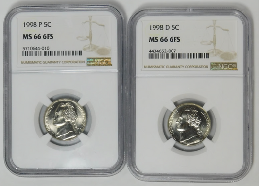 1998-P & 1998-D Jefferson Nickel Hgh Grade! NGC MS-66 6FS (2 Coins)