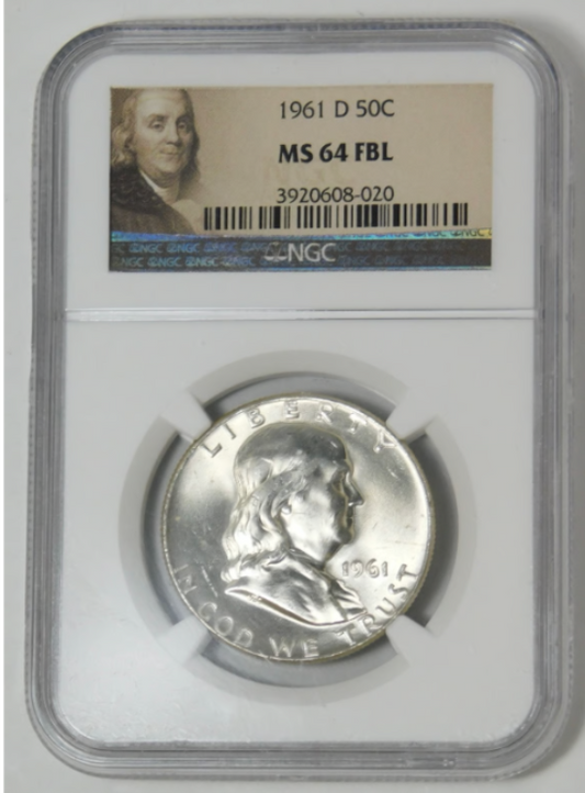 1961-D Silver Franklin Half Dollar NGC MS-64 FBL (Full Bell Lines)