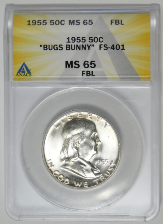 1955 Silver Franklin Half Dollar "Bugs Bunny" ANACS MS-65 FBL