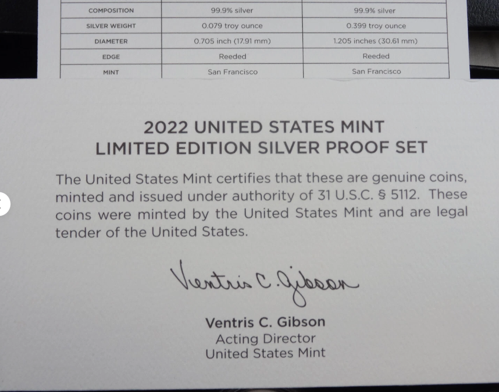 2022-S Limited Edition Silver Proof Set Orig Box-COA