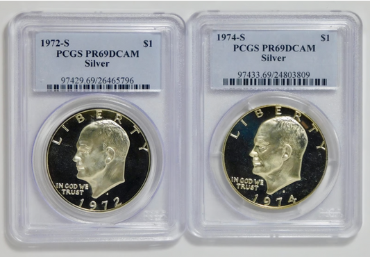1972 & 1974 S Silver Eisenhower "Ike" Dollars. High Grade! PCGS PR-69 DCAM