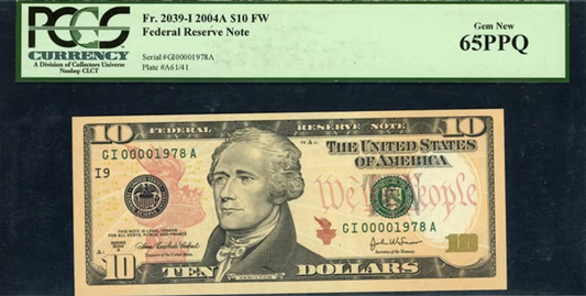 2004A Federal Reserve Note *Low Serial No/ Birth Year PCGS Gem New 65 PPQ
