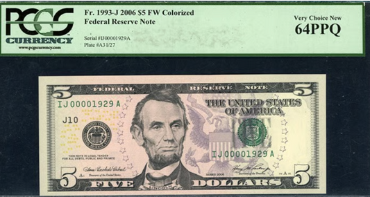 2006 $5 Fed. Reserve Note Low Serial No/Early Birth Year! (1929) PCGS 64PPQ