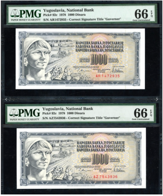 1978 1,000 Dinara National Bank Yugoslavia Sequential Pair PMG 66EPQ