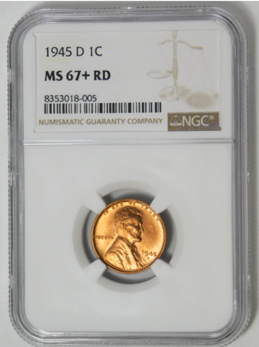 1945-D Lincoln Cent NGC HIGH GRADE! NGC MS-67+ RD (CAC Green Label)