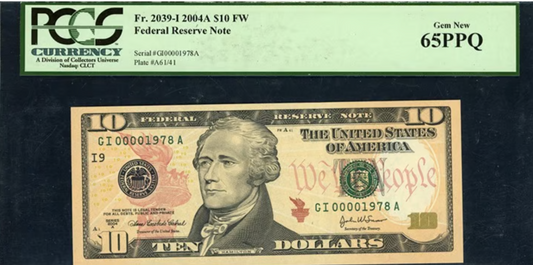 2004A Federal Reserve Note *Low Serial No/ Birth Year PCGS Gem New 65 PPQ