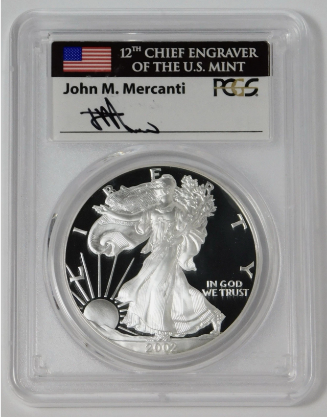2002-W Silver Eagle Top Grade! PCGS Proof-70 DCAM Mercanti Signed - Flag Label)