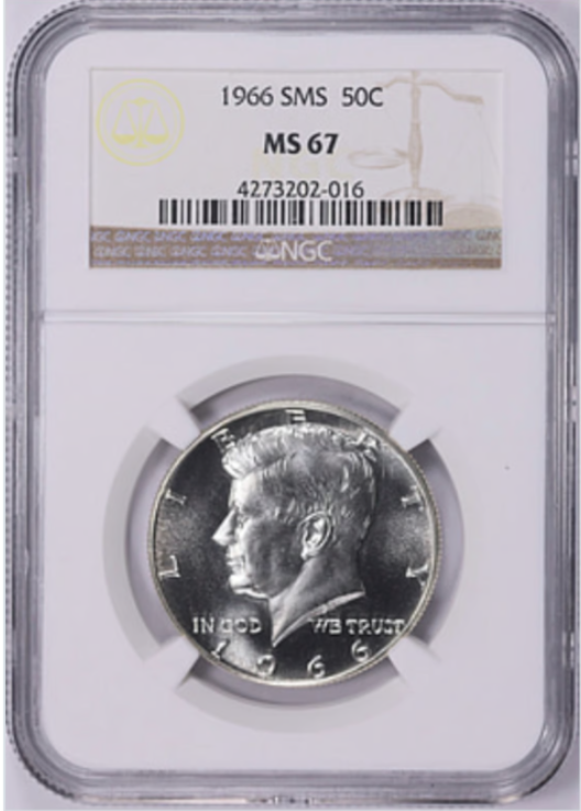 1966 "SMS" Silver Kennedy Half Dollar. HIGH GRADE! Mint State 67