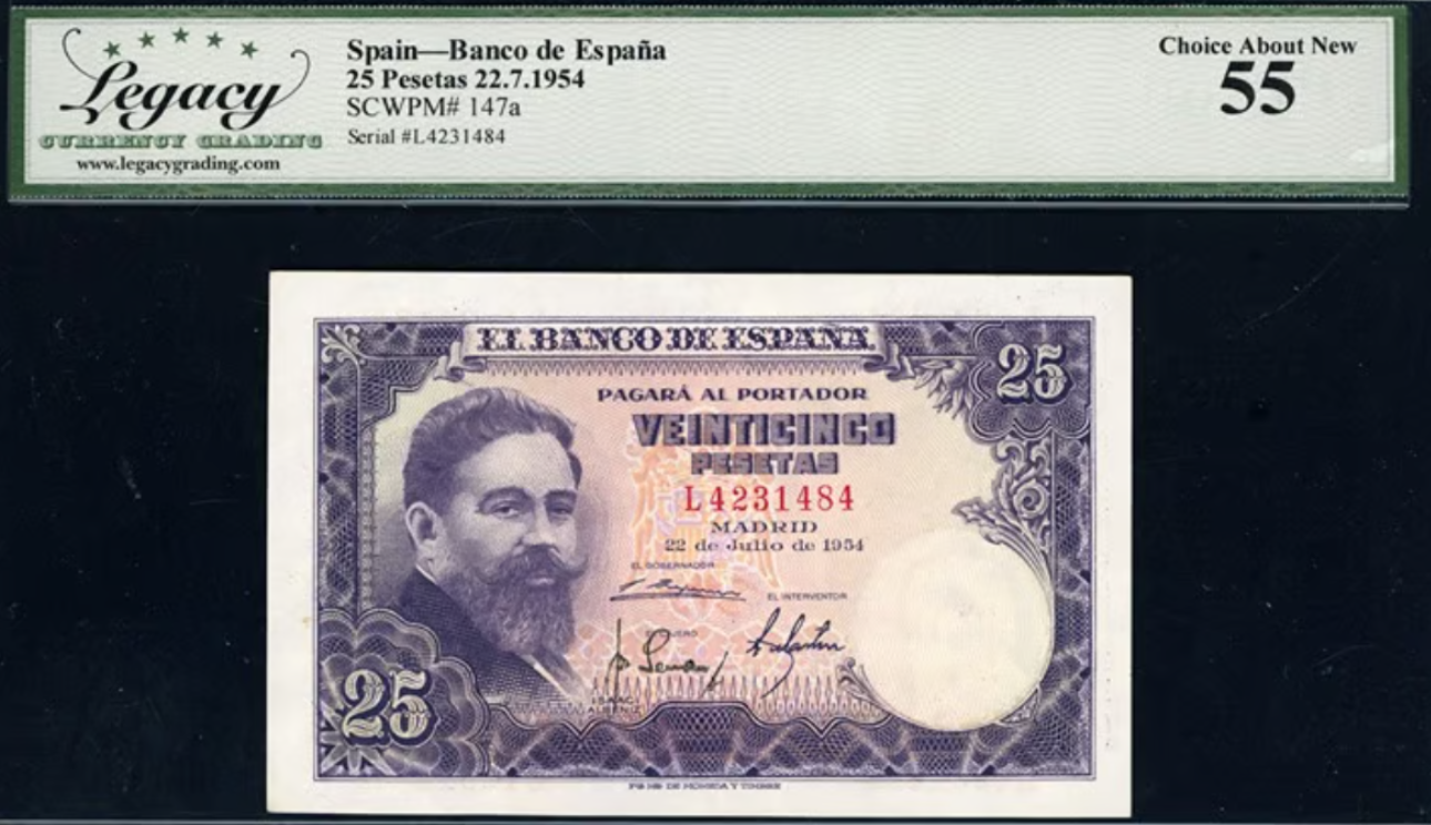 1954 25 Pesetas Banco de Espana Note Legacy Choice About New 55
