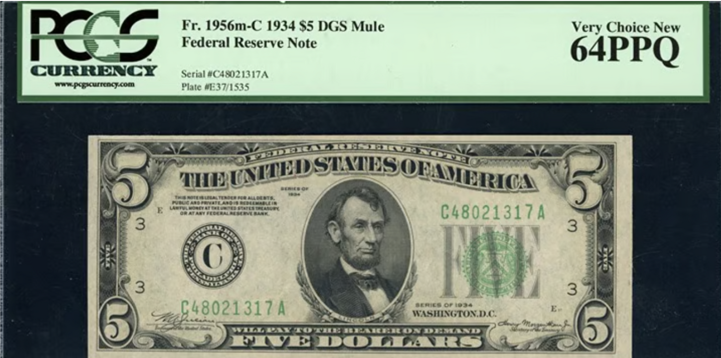 1934 $5 Philadelphia Federal Reserve "Mule" Note PCGS Very Choice new 64PPQ
