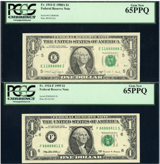 RARE 1988A & 1999 Fed. Res. Notes. Six of a Kind "Mirrored" Serial No Pair"