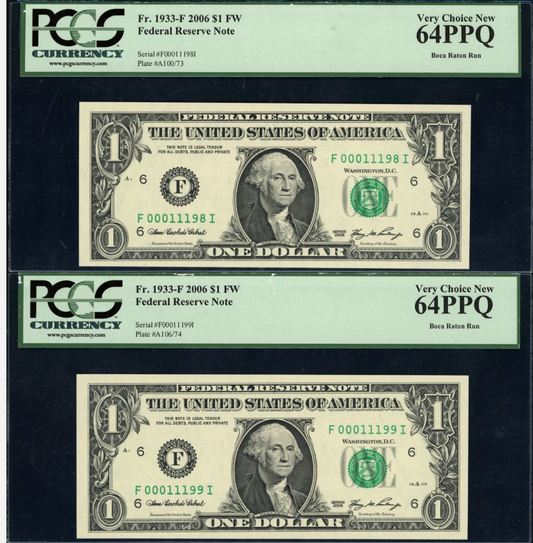 2006 Federal Reserve Notes *Sequential Serial # Pair* PCGS Very Choice New 64PPQ