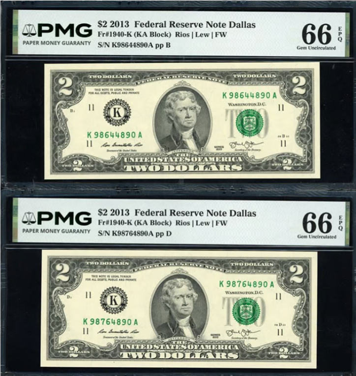 2013 $2 Fed. Res. Notes *Matching Last 4 Digits Serial Nos." PMG 66EPQ (3 Notes)