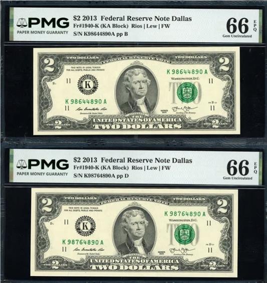 2013 $2 Fed. Res. Notes *Matching Last 4 Digits Serial Nos." PMG 66EPQ (3 Notes)