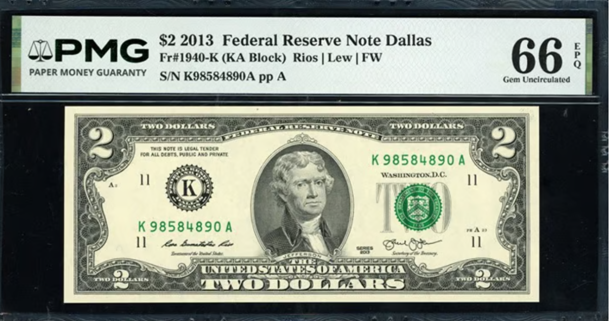 2013 $2 Fed. Res. Notes *Matching Last 4 Digits Serial Nos." PMG 66EPQ (3 Notes)