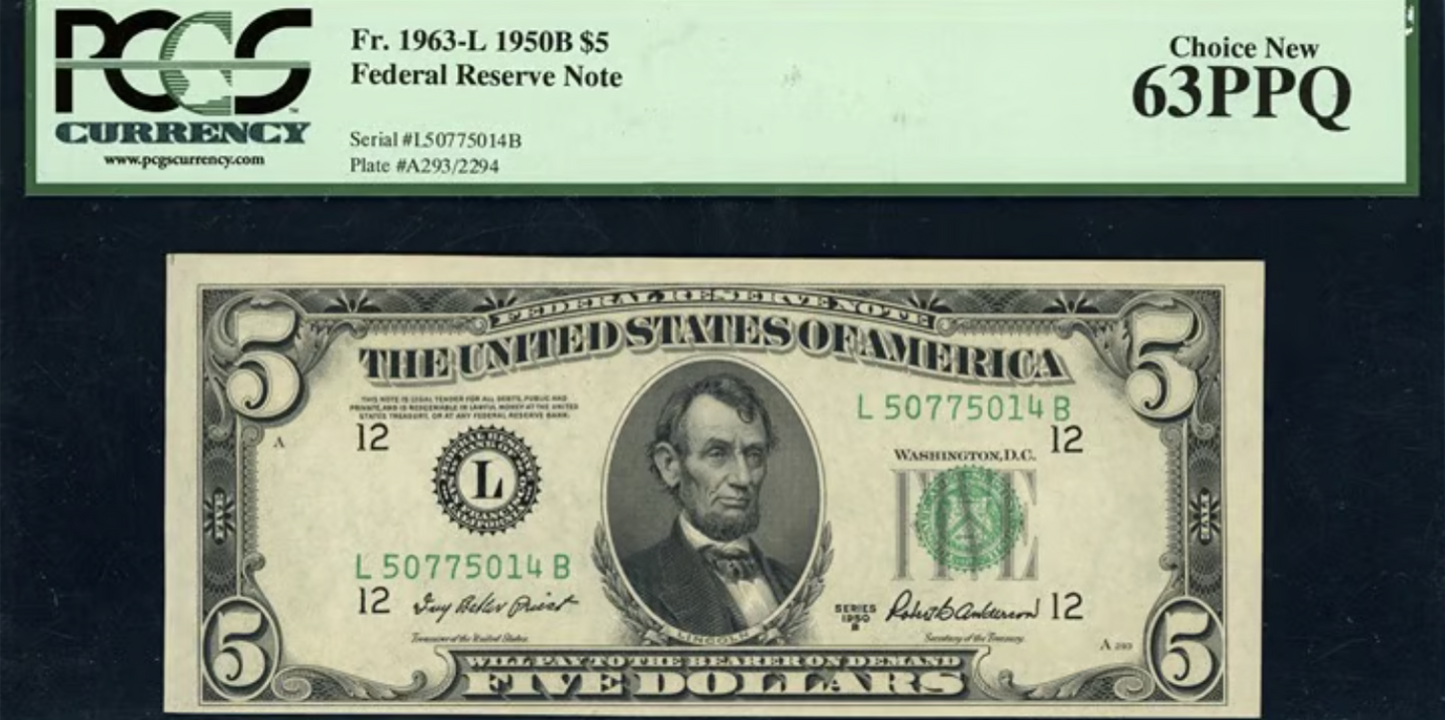 1950B $5 San Francisco Federal Reserve Note PCGS Choice New 63PPQ