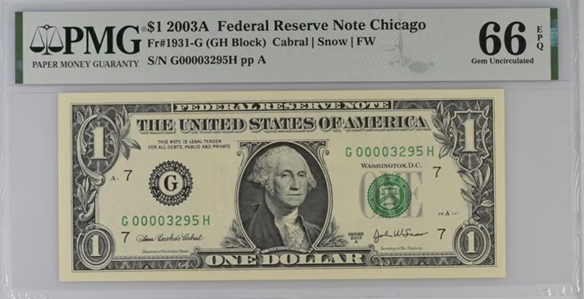2003 Federal Reserve Note "LOW SERIAL NO". High Grade! PMG Superb Gem 66EPQ