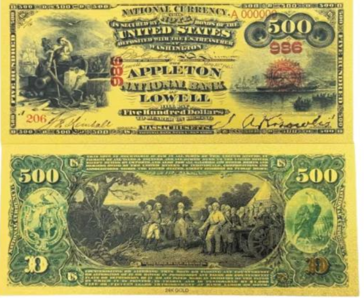1875 $500 Appleton Bank of Lowell 24KT Gold Foil Note!! Protective Holder/COA