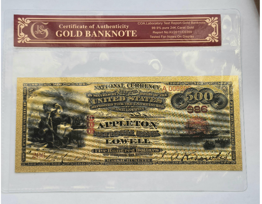 1875 $500 Appleton Bank of Lowell 24KT Gold Foil Note!! Protective Holder/COA