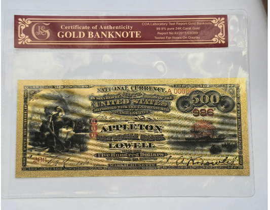 1875 $500 Appleton Bank of Lowell 24KT Gold Foil Note!! Protective Holder/COA
