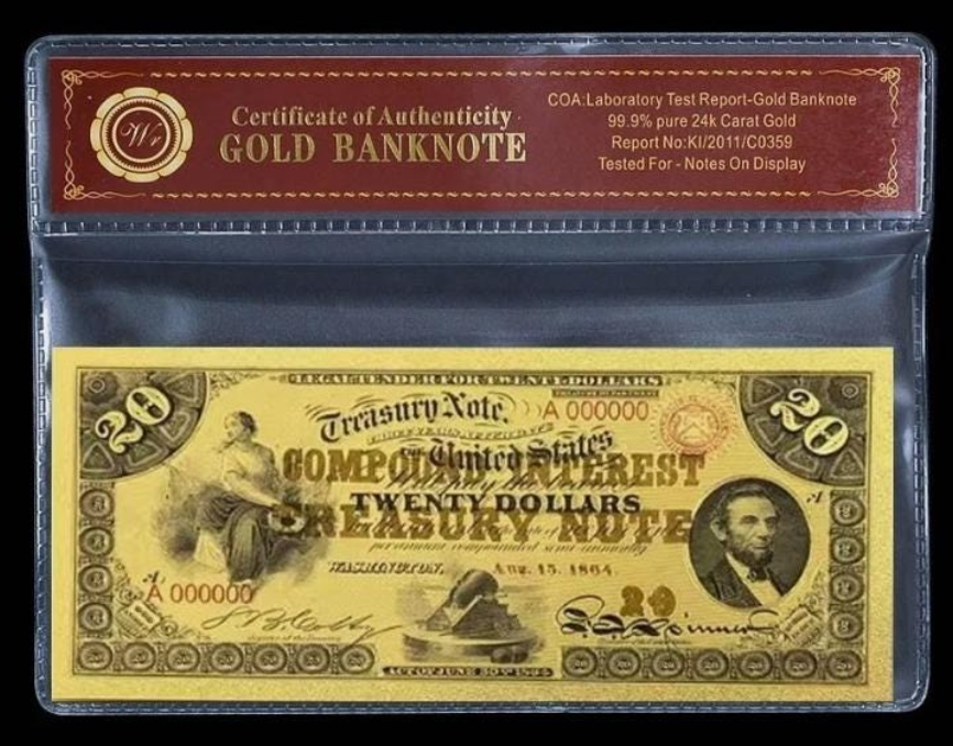 1864 20 Compound Interest Treasury Note 24KT Gold Foil Holder/COA