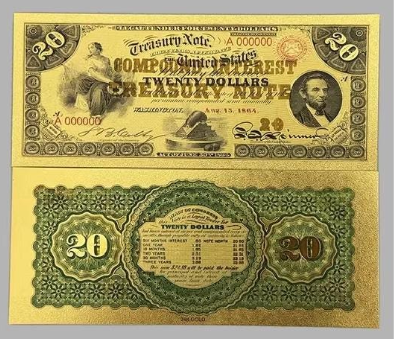 1864 20 Compound Interest Treasury Note 24KT Gold Foil Holder/COA