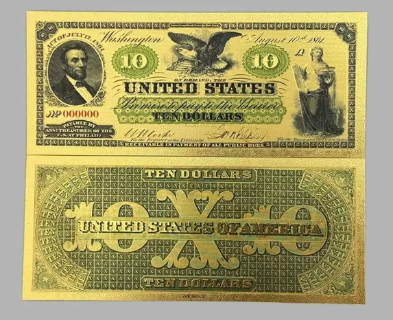 1861 $10 U.S. Demand Note 24K Gold Foil Protective Holder/COA