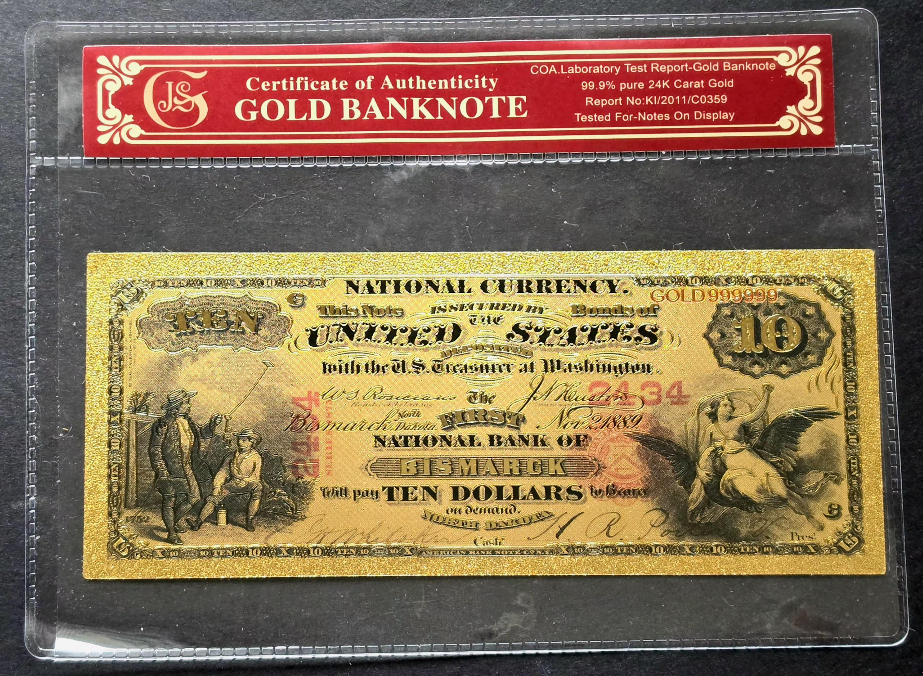 1875 Bismark National Currency Gold-foil Note Protective Holder/COA