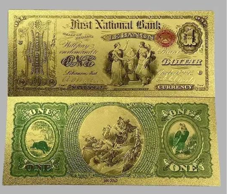 1875 First National Bank Lebanon Note. Gold Foil 24K.