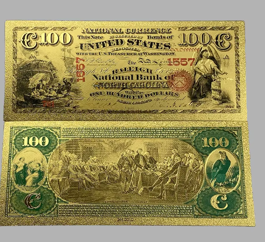 1875 National Bank Raleigh N.C. Gold-foil Note Protective Holder/ COA