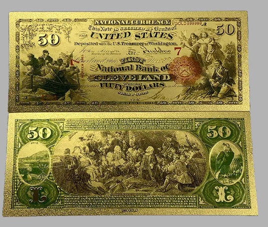 1875 US National Bank Cleveland 24K Gold Plated. Protective Holder/COA