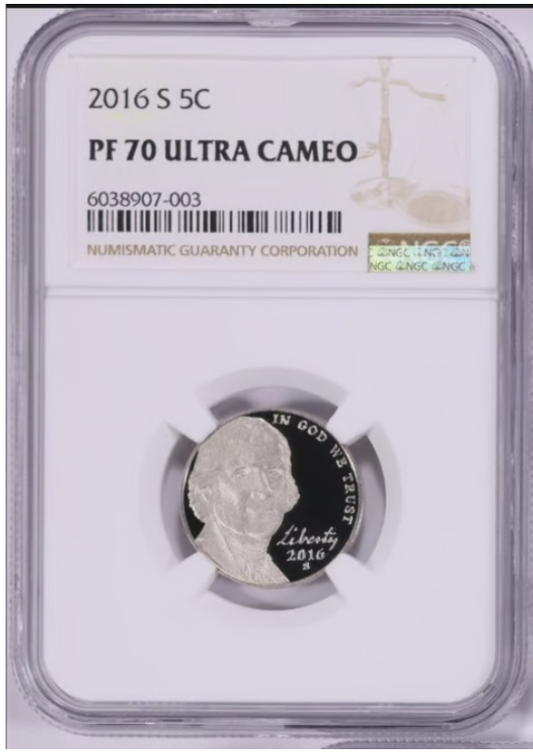 2016-S Jefferson Nickel "PERFECT" NGC Proof 70 Ultra Cameo