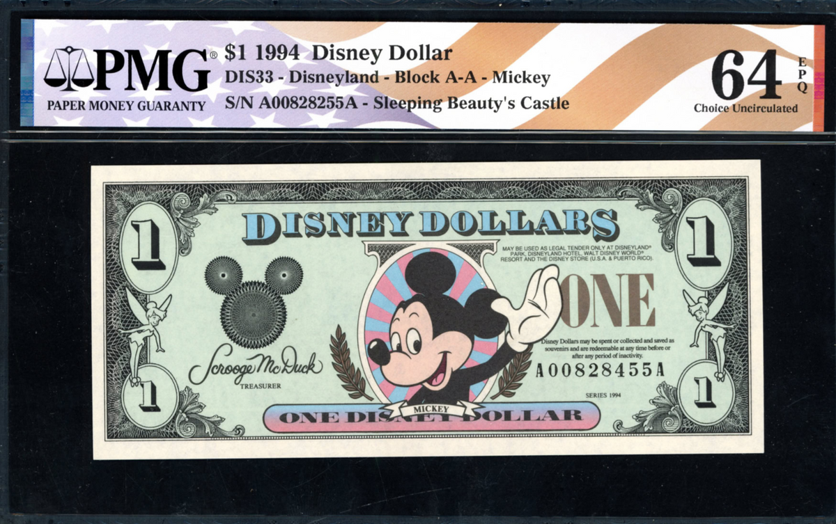 1994 Disney Dollar Note Mickey/Sleeping Beauty's Castle PMG Choice Unc 64EPQ