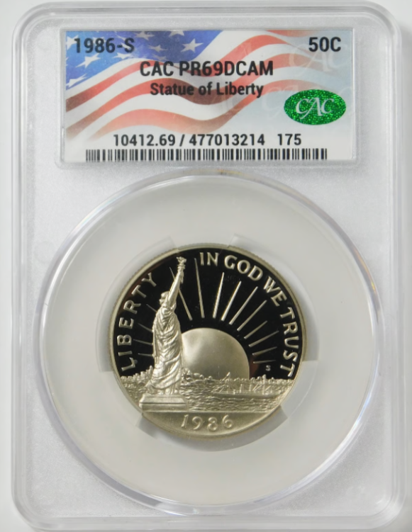 1986-S Statue of Liberty "Centennial" Half Dollar CACG Proof-69 DCAM (Flag Label)