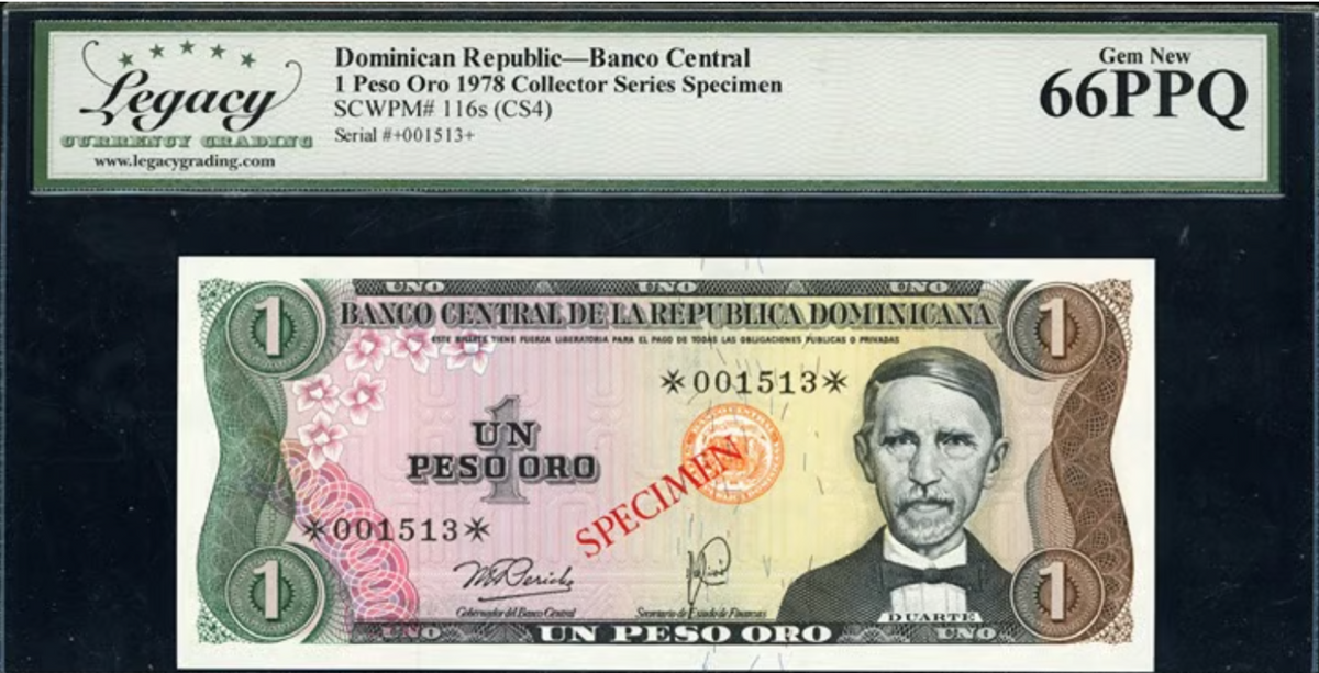 1978 1 Peso Oro Banco Central Dominican Rep. "Collectors Series Specimen" 66PPQ