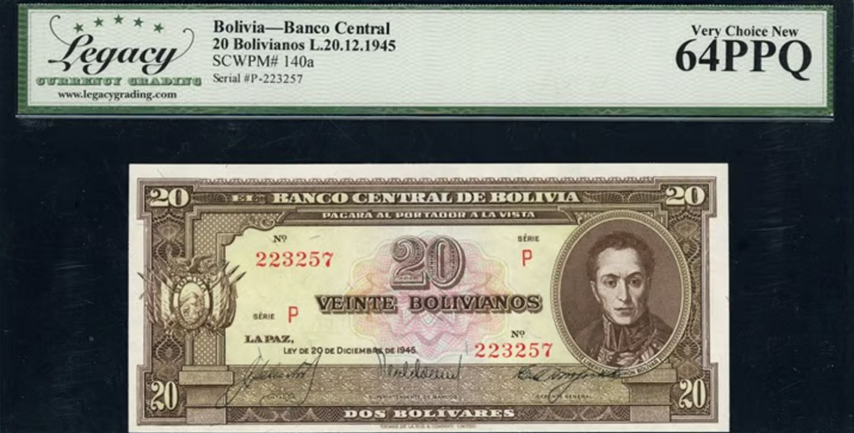 1945 20 Bolivianos Banco Central Note Legacy Very Choice New 64PPQ