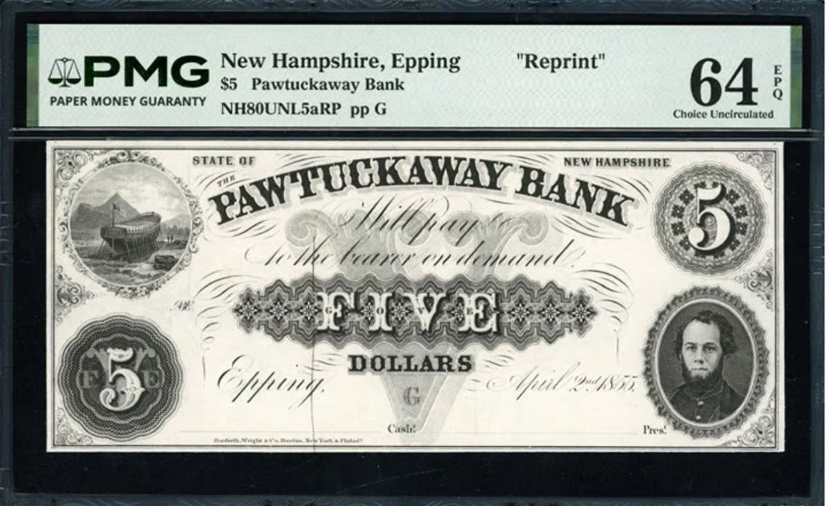 1855 Epping, NH Pawtuckaway Bank $5 Reprint Note PMG Choice Unc 64EPQ