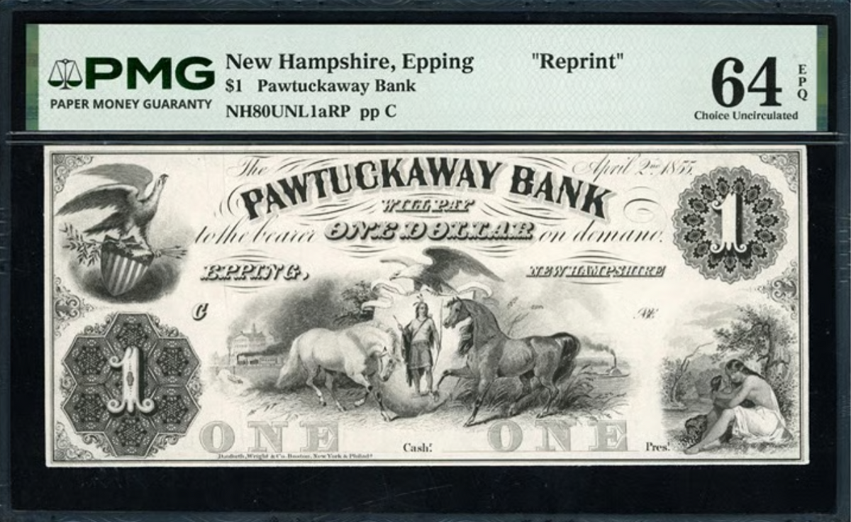 1855 Epping, NH Pawtuckaway Bank $1 Reprint Note PMG Choice Unc 64EPQ