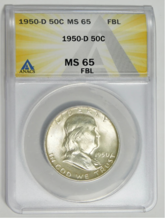 1950-D Silver Franklin Half Dollar ANACS MS-65 FBL (Full Bell lines)