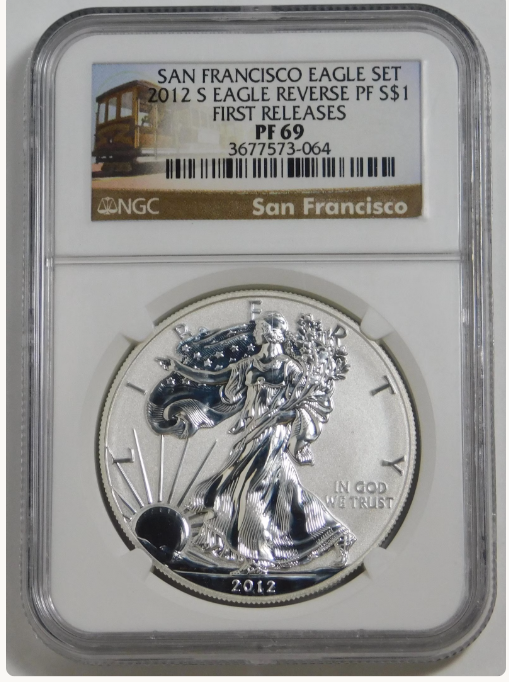 2012-S Silver Eagle "Reverse Proof" 75th Anniversary: First Releases NGC Proof-69 Trolley Label
